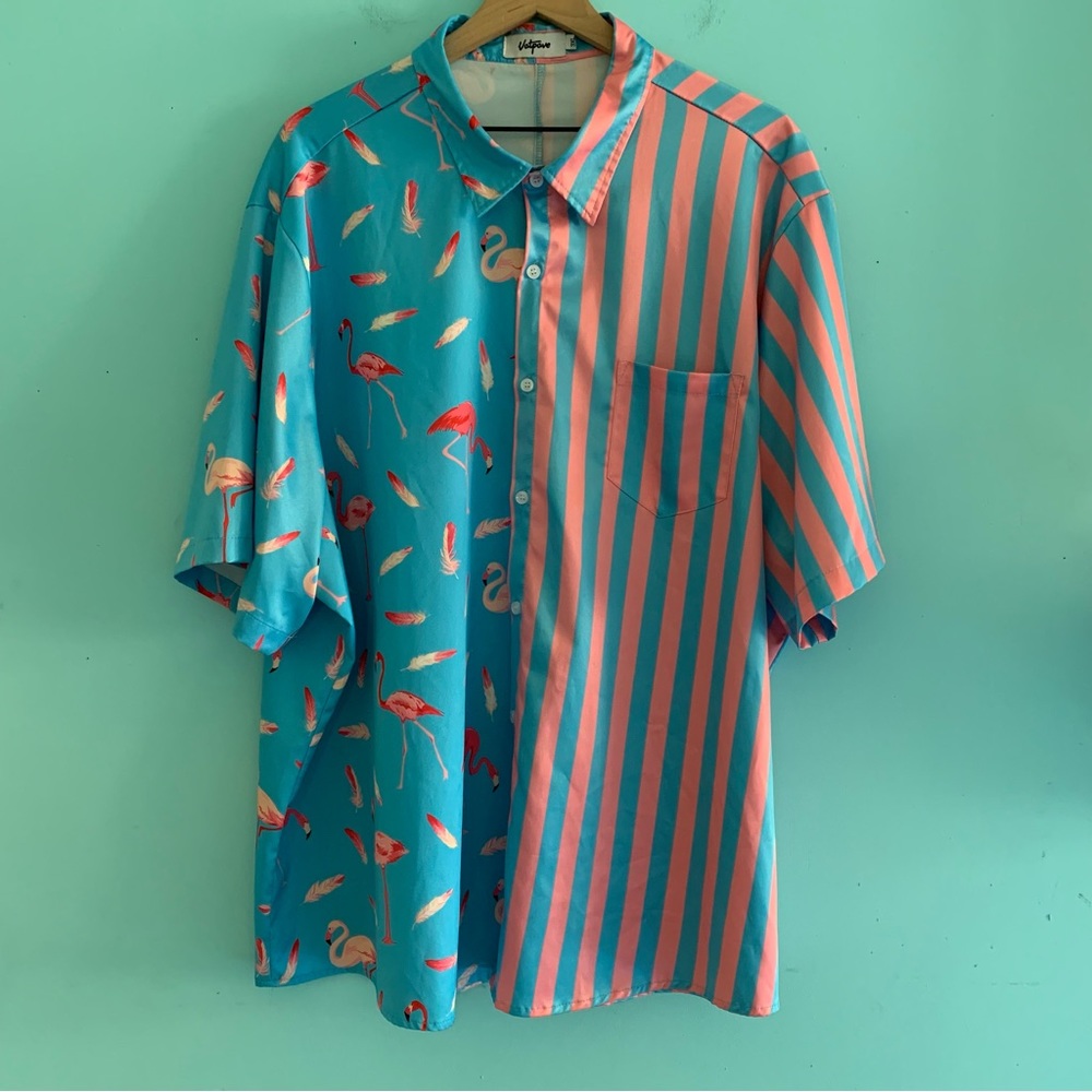 Vatpave Striped Flamingo Hawaiian Printed Relaxed Satin Stretch Summer Shirt 3XL